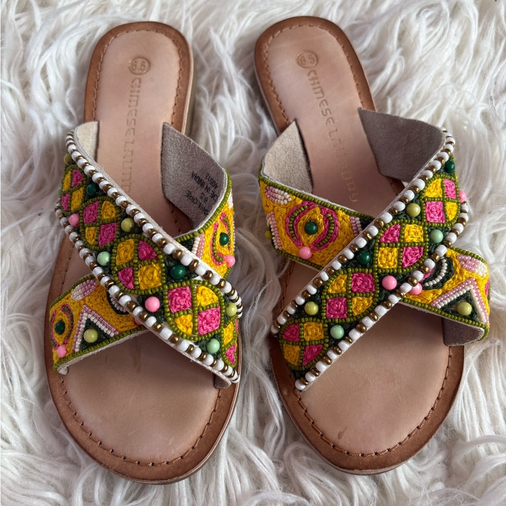 Chinese Laundry Penelope Beaded Boho Slide Sandals Women’s 6.5 Festival